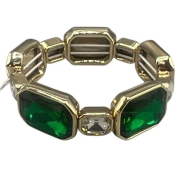 J.Crew Gold Tone Emerald Green Faceted Gem Stretch Bracelet NWT $45 - Picture 2 of 7